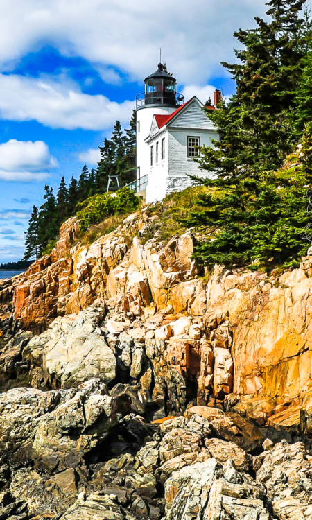 Leuchtturm Bass Harbor Head Light auf felsiger Küste im Acadia Nationalpark in Maine