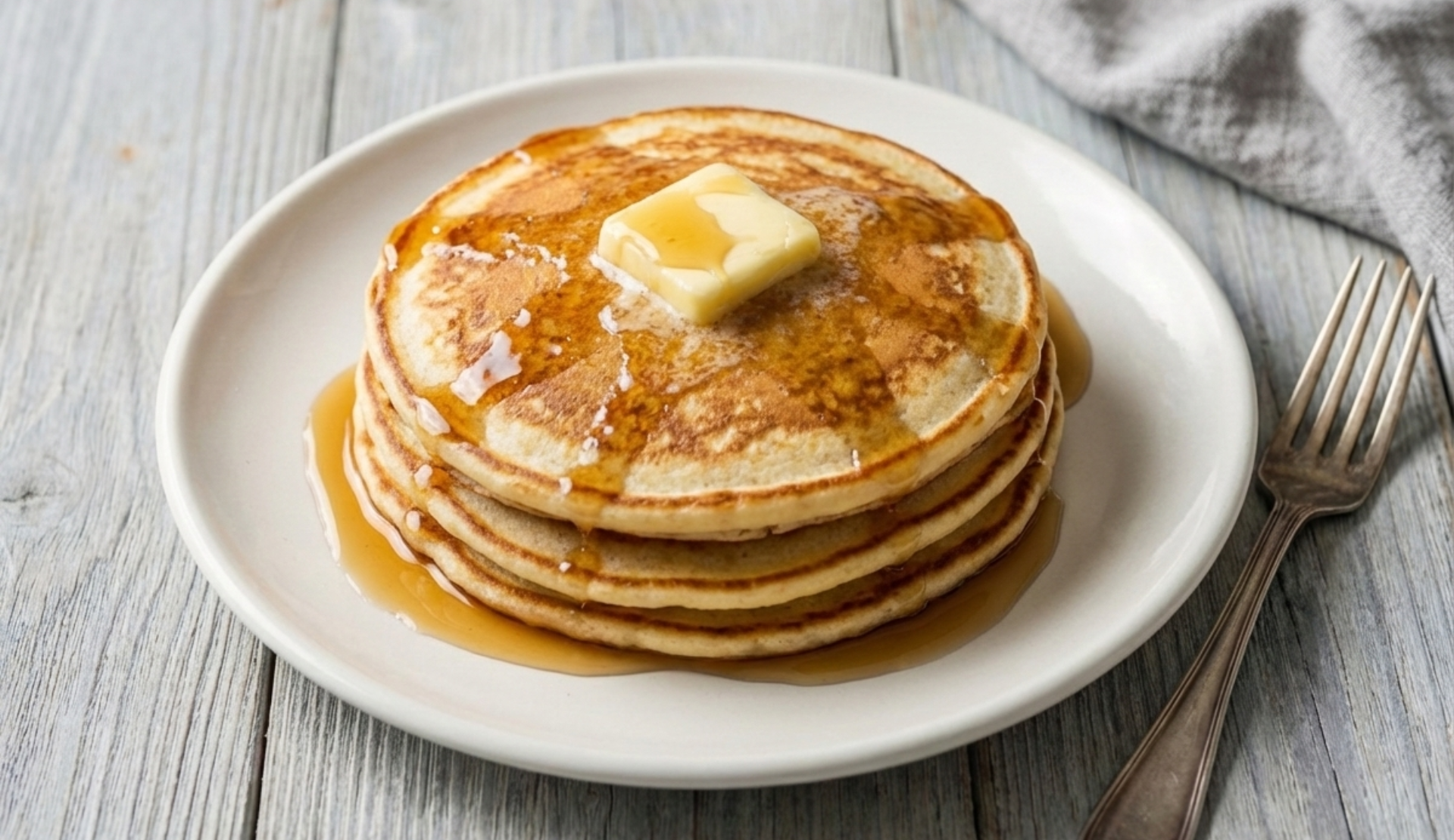 Amerikanische Pancakes mit Buttermilch, gestapelt auf einem Teller mit Butter und Ahornsirup
