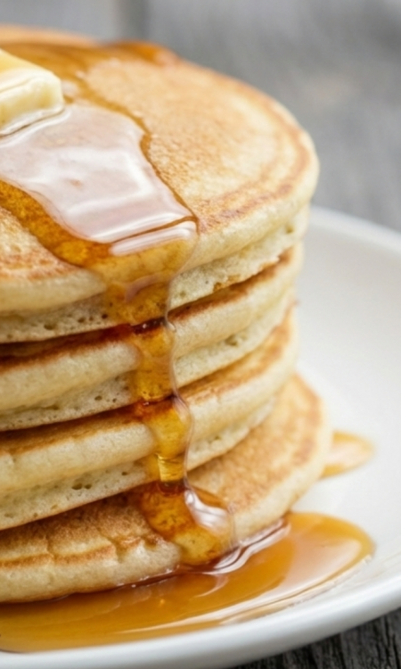 Amerikanische Pancakes mit Buttermilch, gestapelt auf einem Teller, mit Butter und Ahornsirup