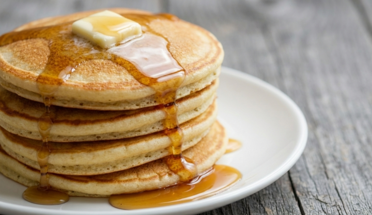 Amerikanische Pancakes mit Buttermilch, gestapelt auf einem Teller, mit Butter und Ahornsirup