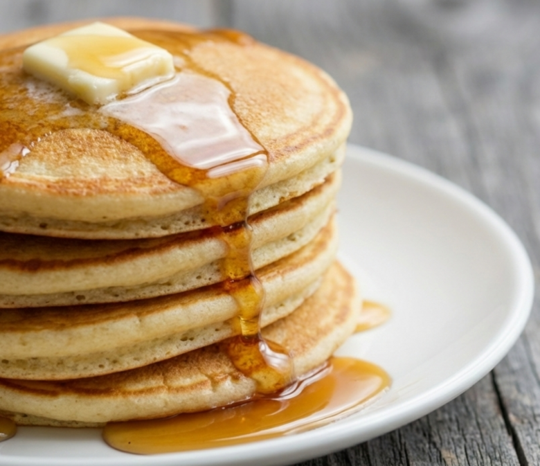 Amerikanische Pancakes mit Buttermilch, gestapelt auf einem Teller, mit Butter und Ahornsirup