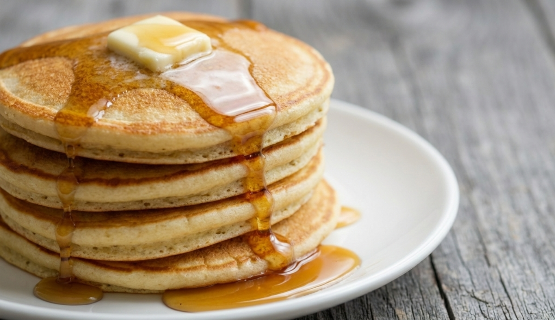 Amerikanische Pancakes mit Buttermilch, gestapelt auf einem Teller, mit Butter und Ahornsirup