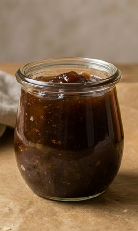 Hausgemachtes Apfel Chutney in einem Glas auf einem Holztisch mit frischen Äpfeln im Hintergrund