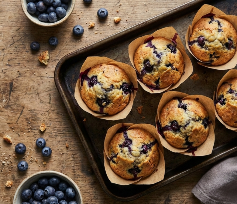 Frisch gebackene Blaubeer-Muffins in Papierförmchen auf einem Backblech auf rustikalem Holztisch