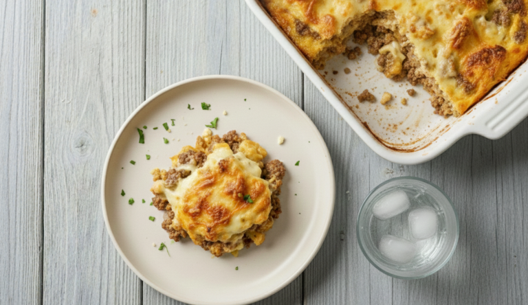 Stück Blumenkohl Hackfleisch Auflauf mit goldbrauner Käsekruste auf einem Teller serviert