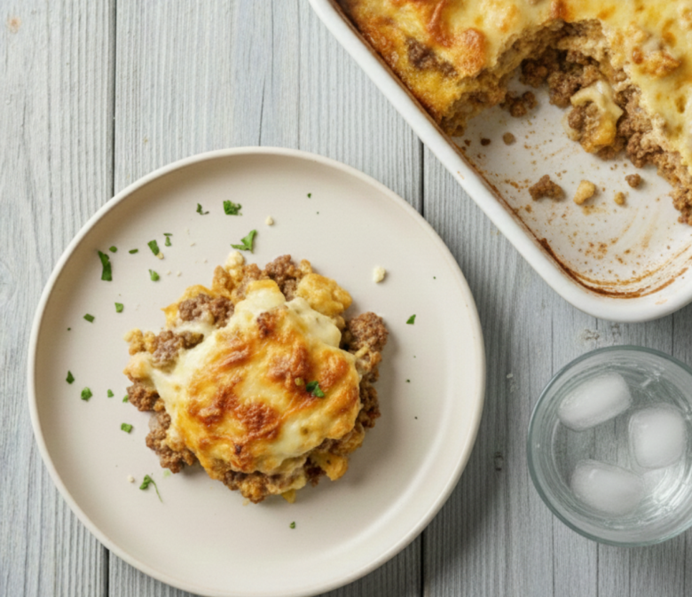 Stück Blumenkohl Hackfleisch Auflauf mit goldbrauner Käsekruste auf einem Teller serviert