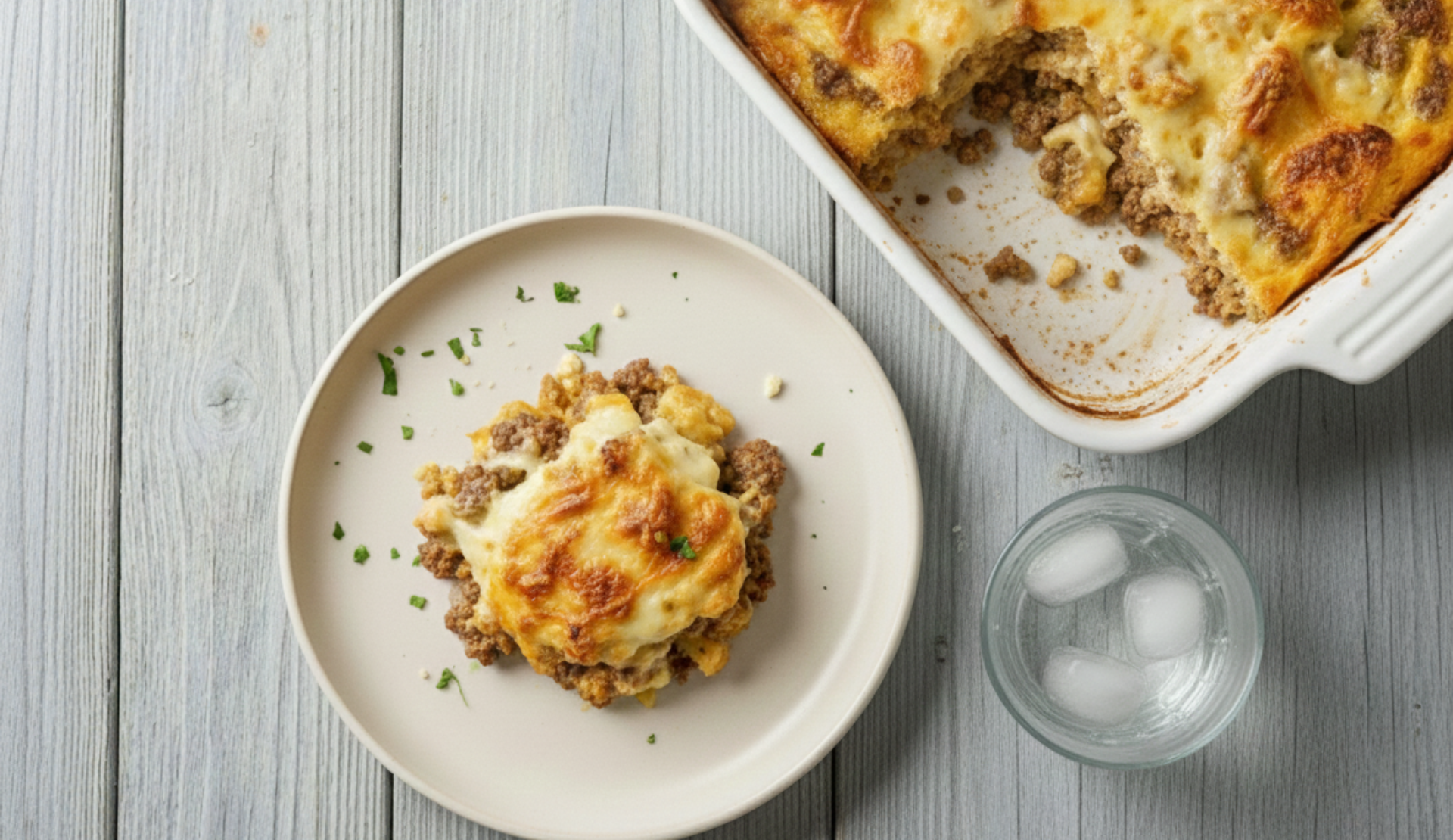 Stück Blumenkohl Hackfleisch Auflauf mit goldbrauner Käsekruste auf einem Teller serviert