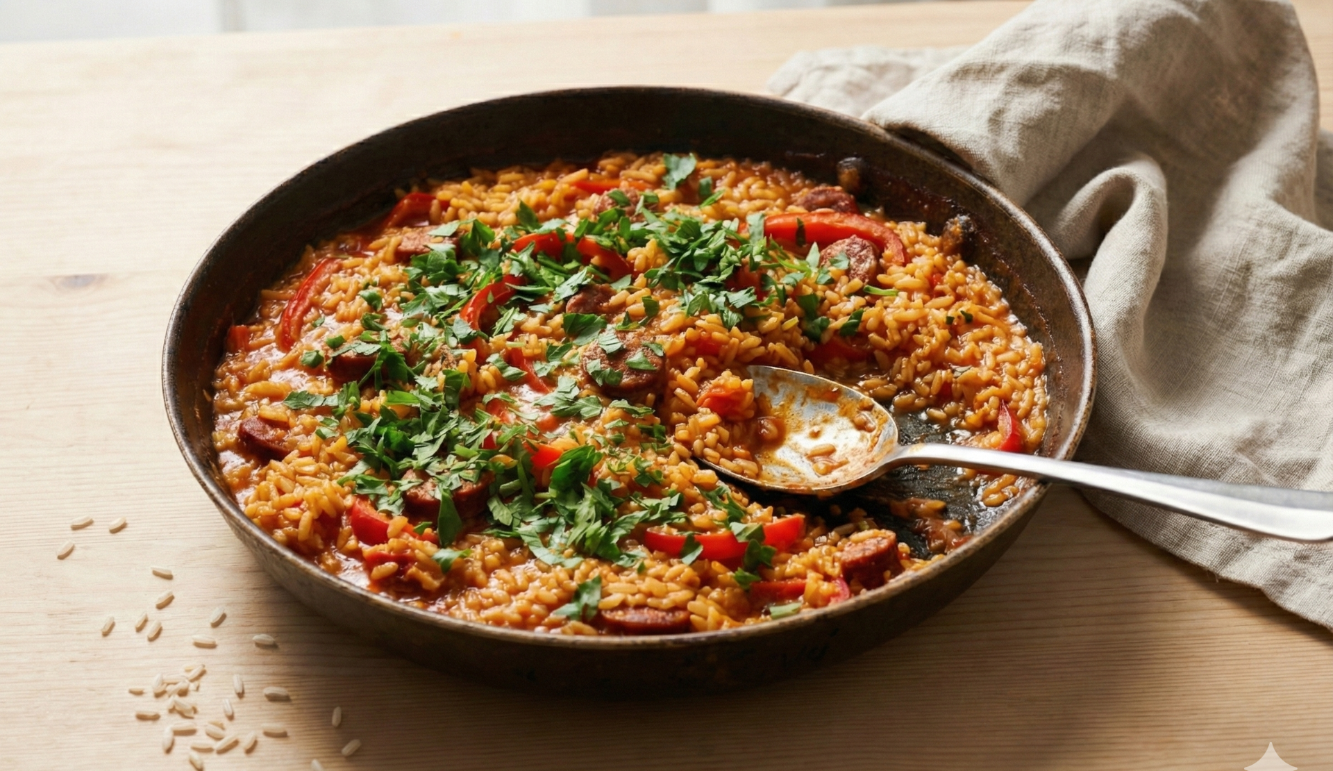 Spanische Chorizo-Reispfanne mit Paprika und Petersilie in schwarzer Pfanne - Nahaufnahme
