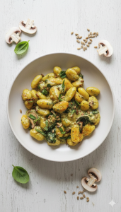 Cremige Gnocchi mit Basilikum und Champignons von oben auf hellem Teller