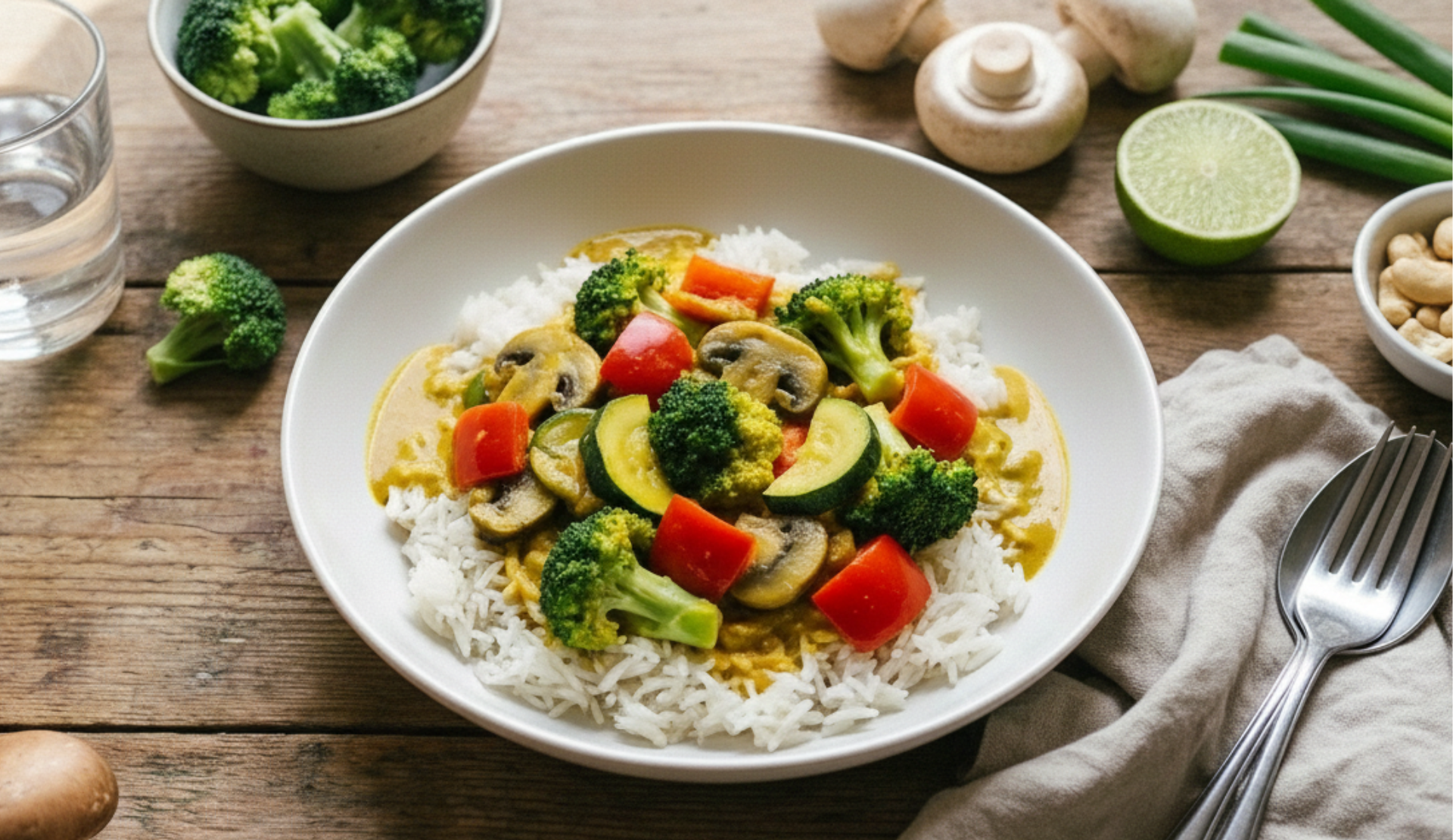 Gelbes Gemüse Curry mit Brokkoli, Zucchini, Paprika und Champignons auf weißem Reis