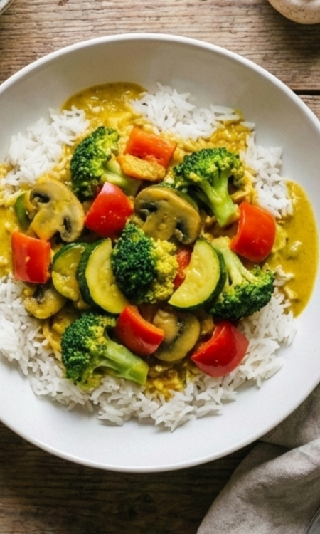 Gelbes Gemüse Curry mit Brokkoli, Zucchini, Paprika und Champignons auf weißem Reis