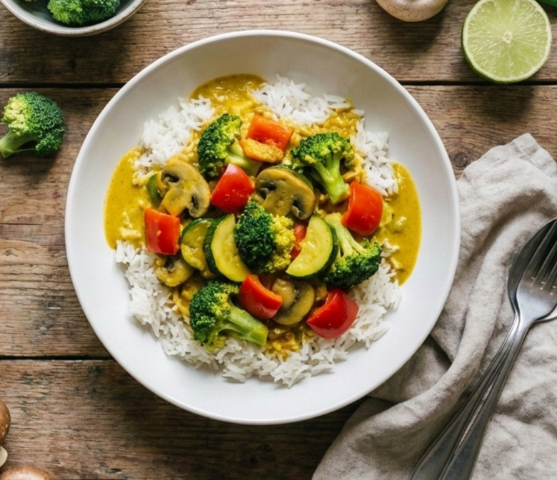 Gelbes Gemüse Curry mit Brokkoli, Zucchini, Paprika und Champignons auf weißem Reis