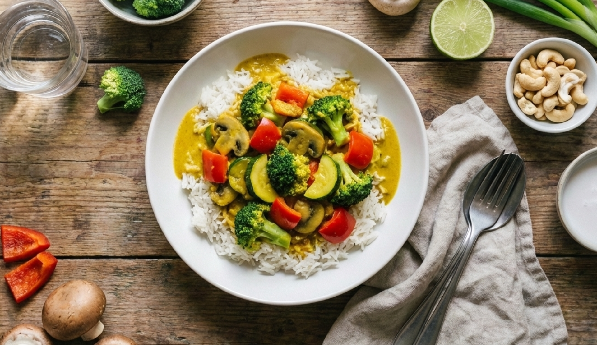 Gelbes Gemüse Curry mit Brokkoli, Zucchini, Paprika und Champignons auf weißem Reis
