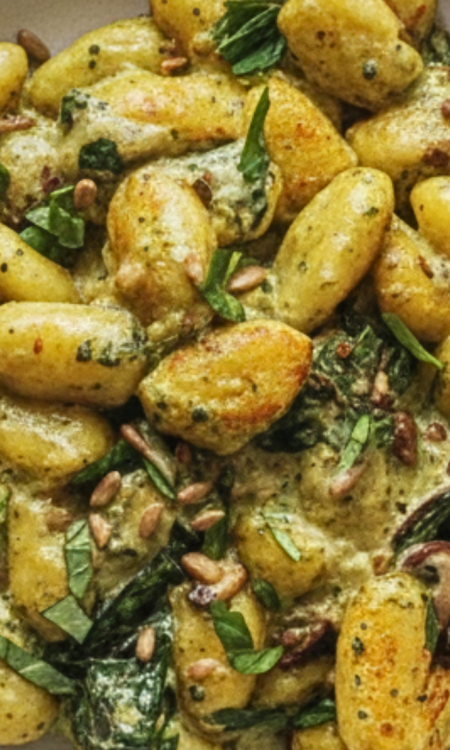 Gnocchi-Auflauf mit Basilikum-Cremesoße und Champignons auf hellem Teller von oben fotografiert