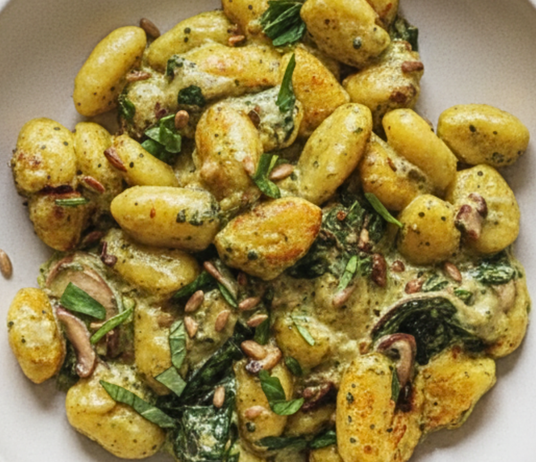 Gnocchi-Auflauf mit Basilikum-Cremesoße und Champignons auf hellem Teller von oben fotografiert