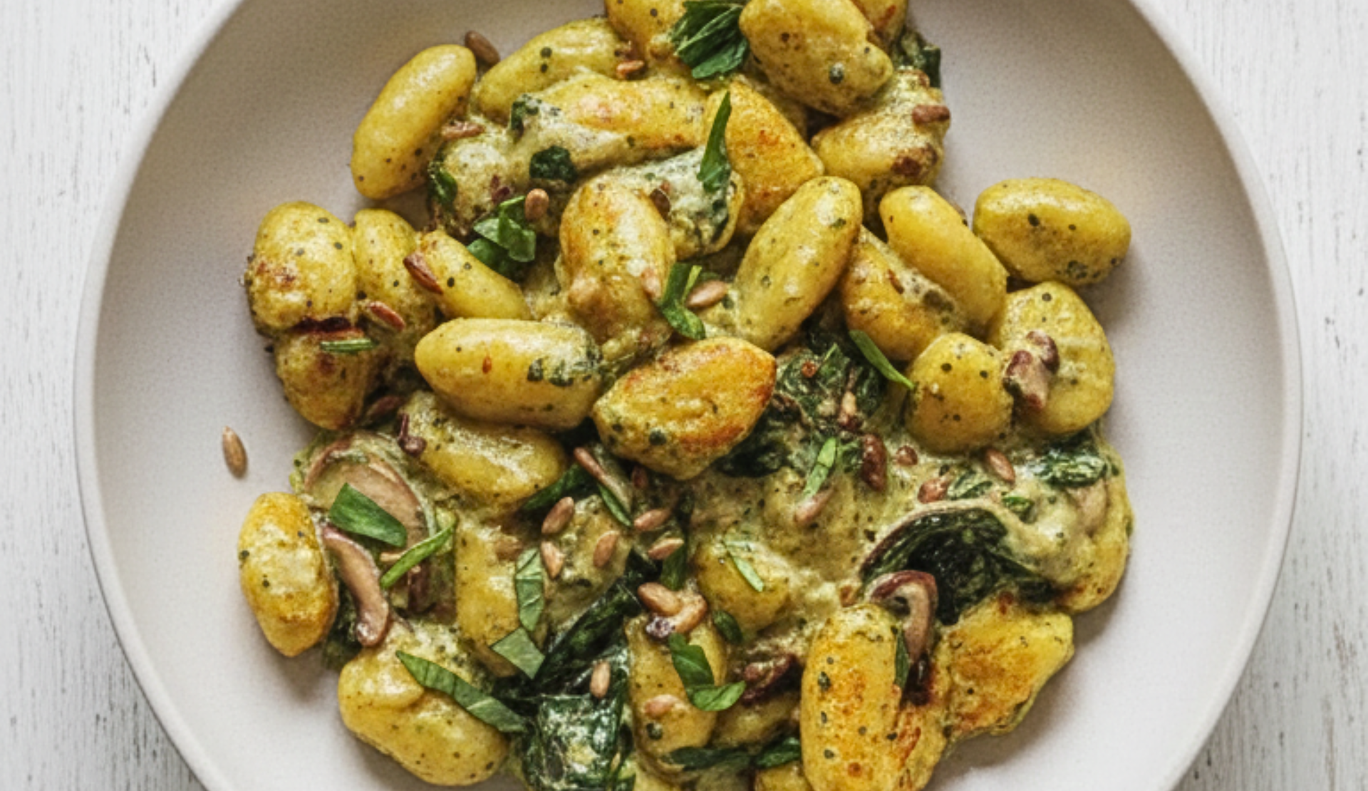 Gnocchi-Auflauf mit Basilikum-Cremesoße und Champignons auf hellem Teller von oben fotografiert