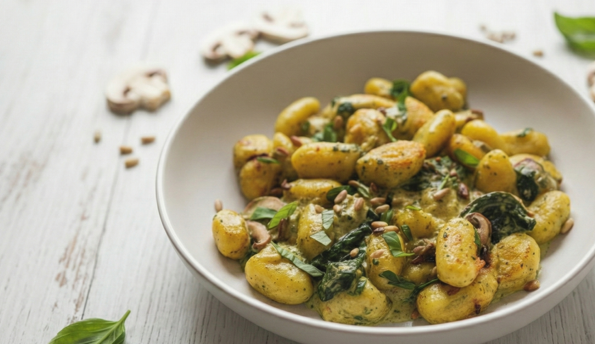 Gnocchi mit Basilikum und Champignons in weißer Schale auf hellem Holztisch