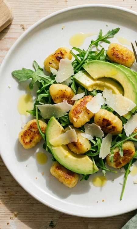 Gnocchi Rucola Salat mit Avocado, gebratenen Gnocchi und Parmesanspänen auf einem hellen Teller