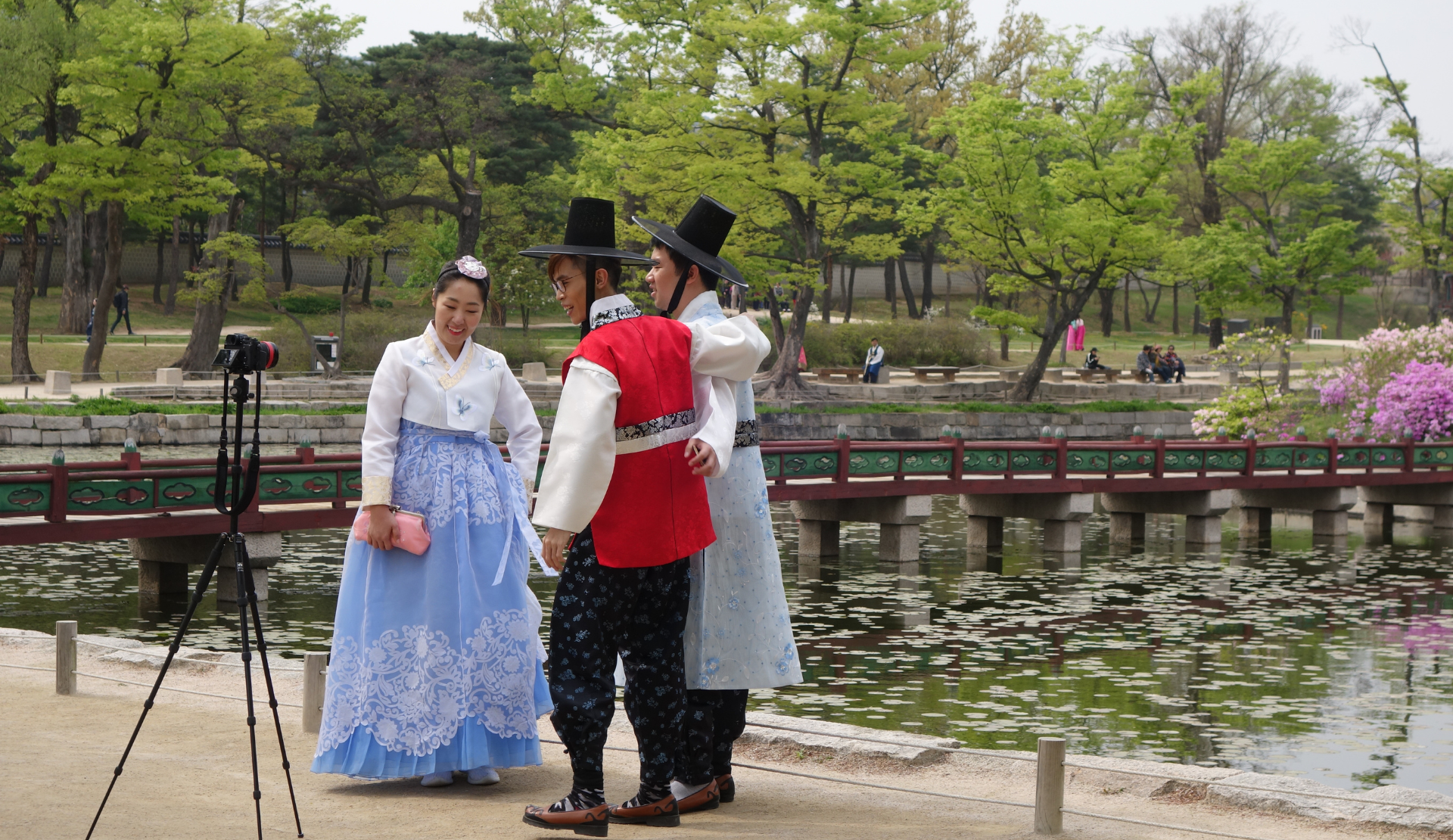 Besucher in traditionellen Hanbok-Gewändern fotografieren sich gegenseitig am Teich im Gyeongbokgung-Palast in Seoul im Frühling