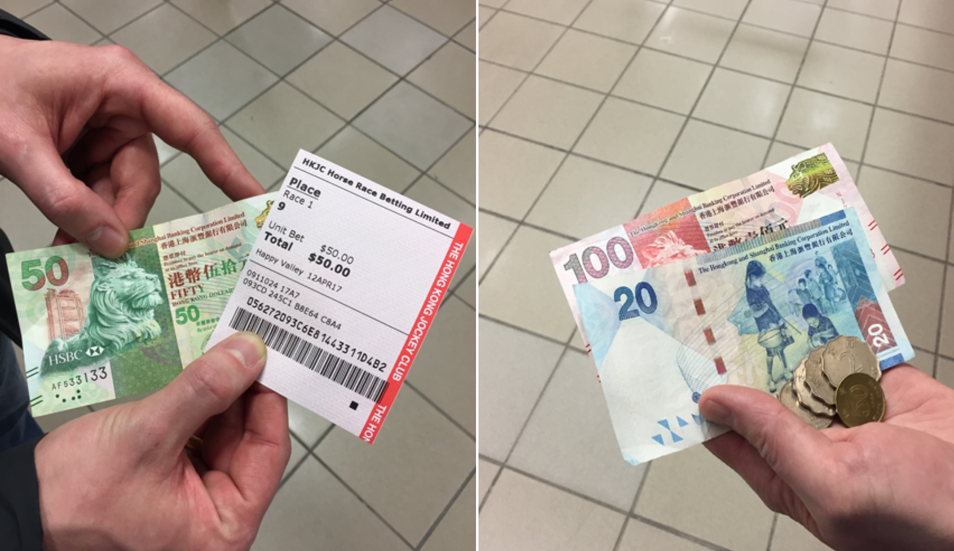 Gewinnender Wettschein vom Happy Valley Racecourse mit HKD 130 Gewinn und Hongkong Dollar Geldscheinen