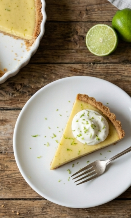 Stück Limetten Pie mit Sahne auf weißem Teller, serviert auf rustikalem Holztisch mit frischen Limetten