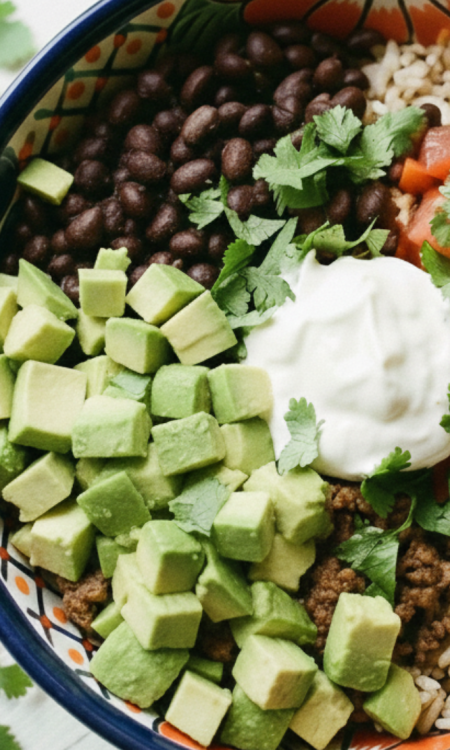 Mexikanische Bowl mit Hackfleisch, Avocado, Reis, schwarzen Bohnen, Tomaten und einem Klecks Schmand