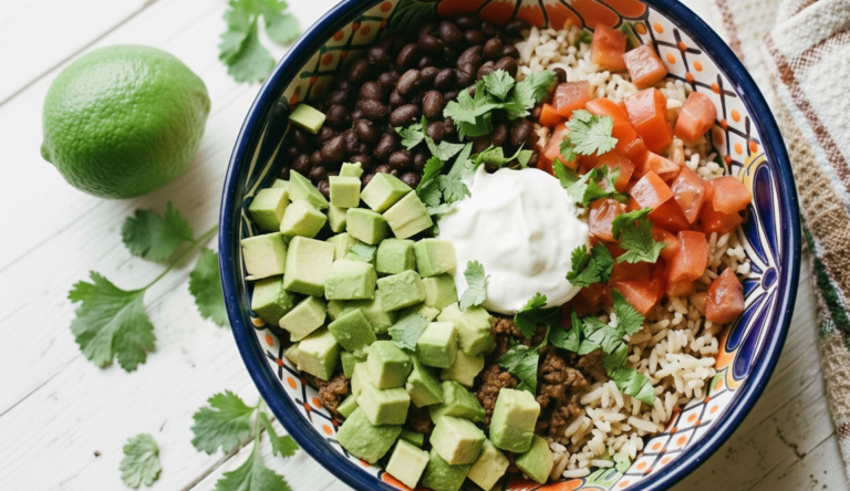 Mexikanische Bowl mit Hackfleisch, Avocado, Reis, schwarzen Bohnen, Tomaten und einem Klecks Schmand