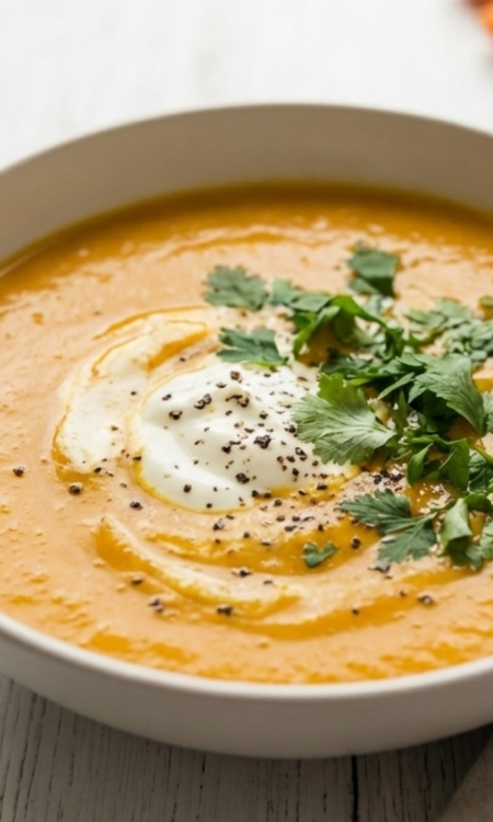 Cremige Möhrensuppe mit Kokosmilch und Curry, garniert mit Crème fraîche und frischen Kräutern in einer Schale