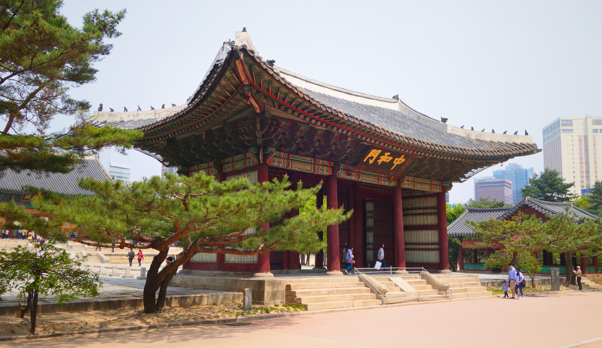 lick auf ein Palastgebäude des Deoksugung in Seoul mit Kiefern im Vordergrund und Hochhäusern im Hintergrund