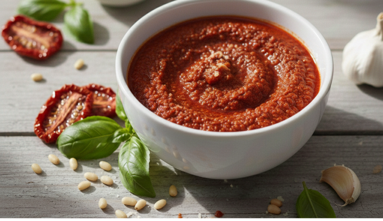 Pesto Rosso aus getrockneten Tomaten in weißer Schale mit Basilikum und Pinienkernen