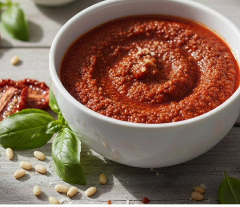 Pesto Rosso aus getrockneten Tomaten in weißer Schale mit Basilikum und Pinienkernen
