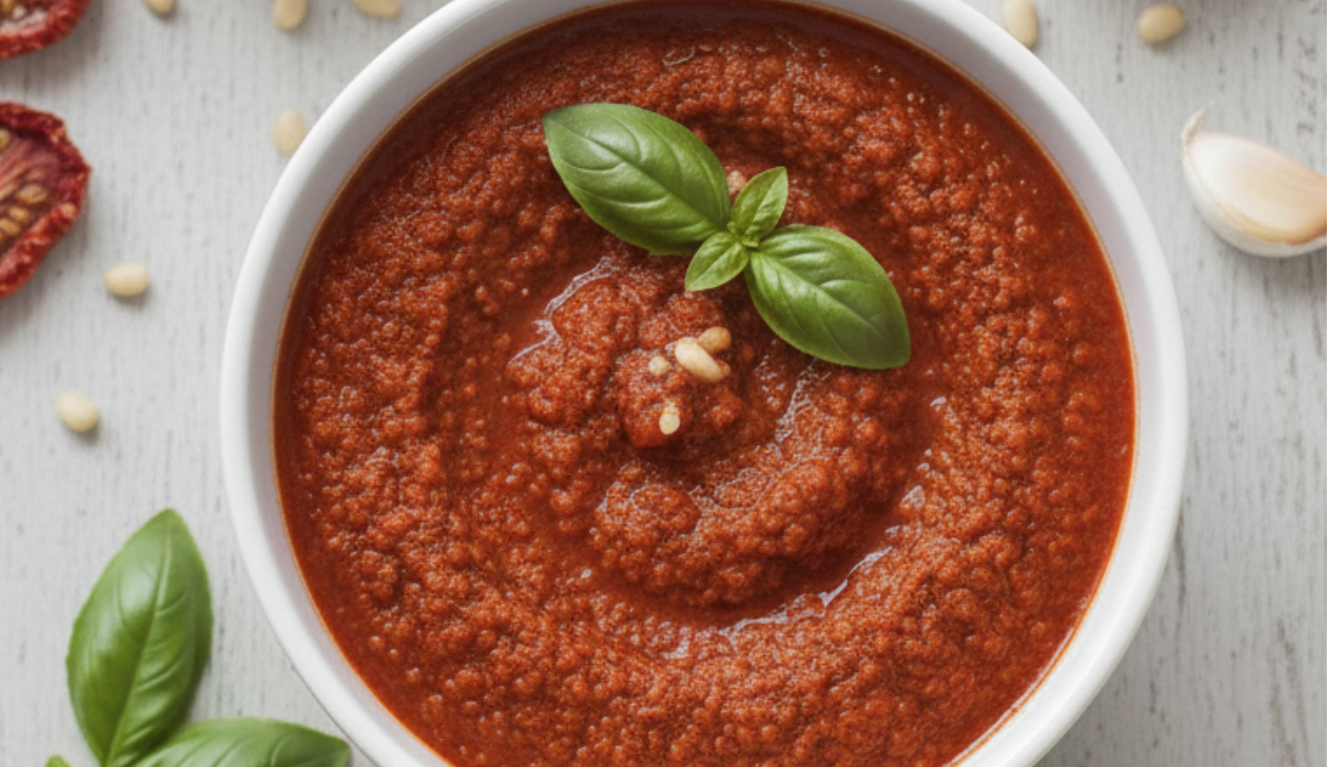 Pesto Rosso in weißer Schale von oben fotografiert mit frischem Basilikum garniert