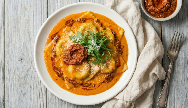 Ravioli mit cremiger Tomatensauce und Pesto Rosso auf weißem Teller mit Rucola und Parmesan