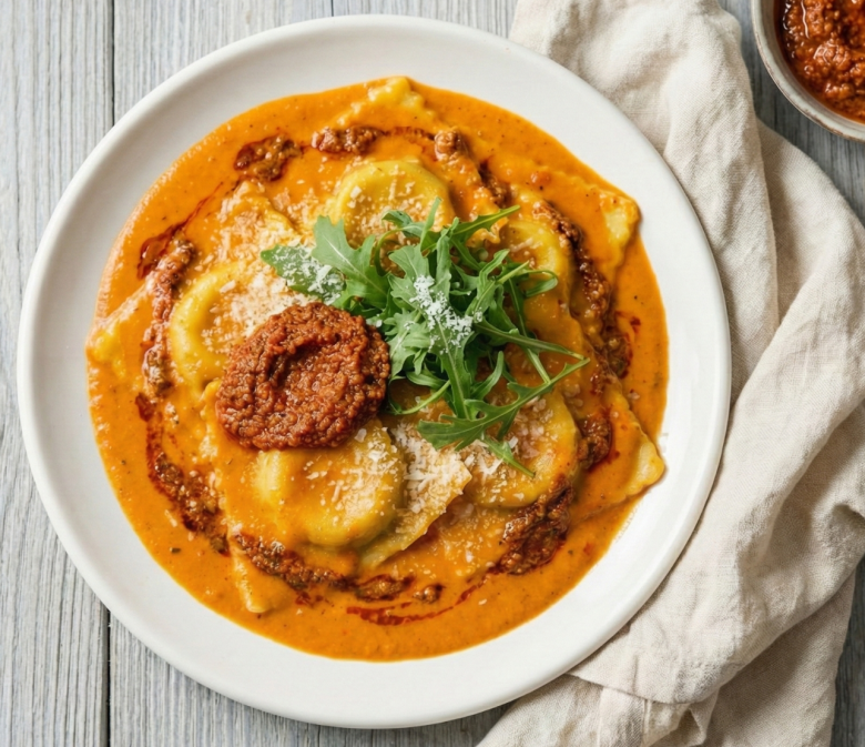 Ravioli mit cremiger Tomatensauce und Pesto Rosso auf weißem Teller mit Rucola und Parmesan