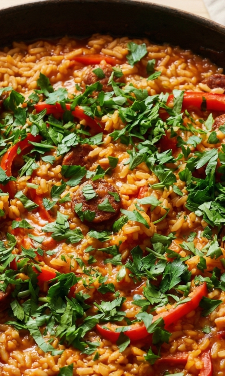 Spanische Reispfanne mit Chorizo, Paprika und Petersilie in rustikaler Pfanne