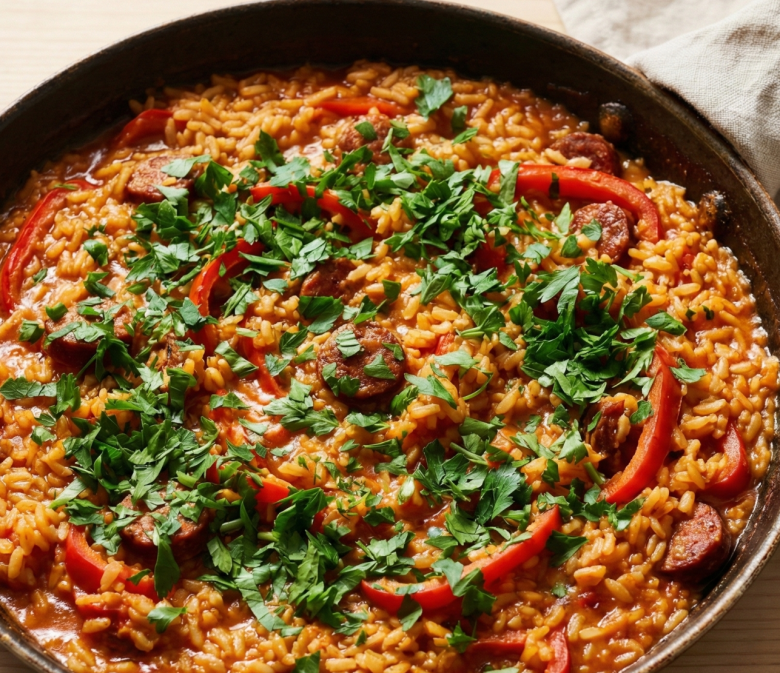 Spanische Reispfanne mit Chorizo, Paprika und Petersilie in rustikaler Pfanne