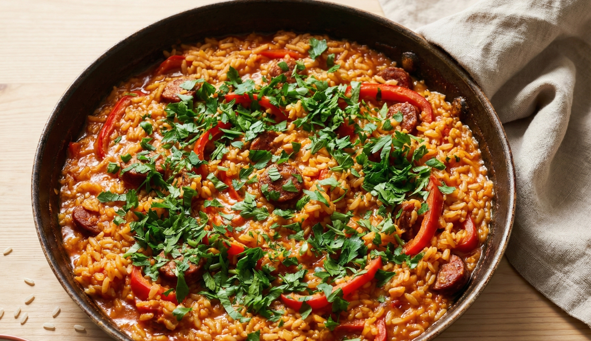 Spanische Reispfanne mit Chorizo, Paprika und Petersilie in rustikaler Pfanne