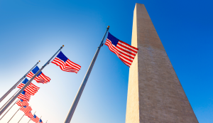 Washington Monument in Washington DC mit US-Flaggen im Vordergrund
