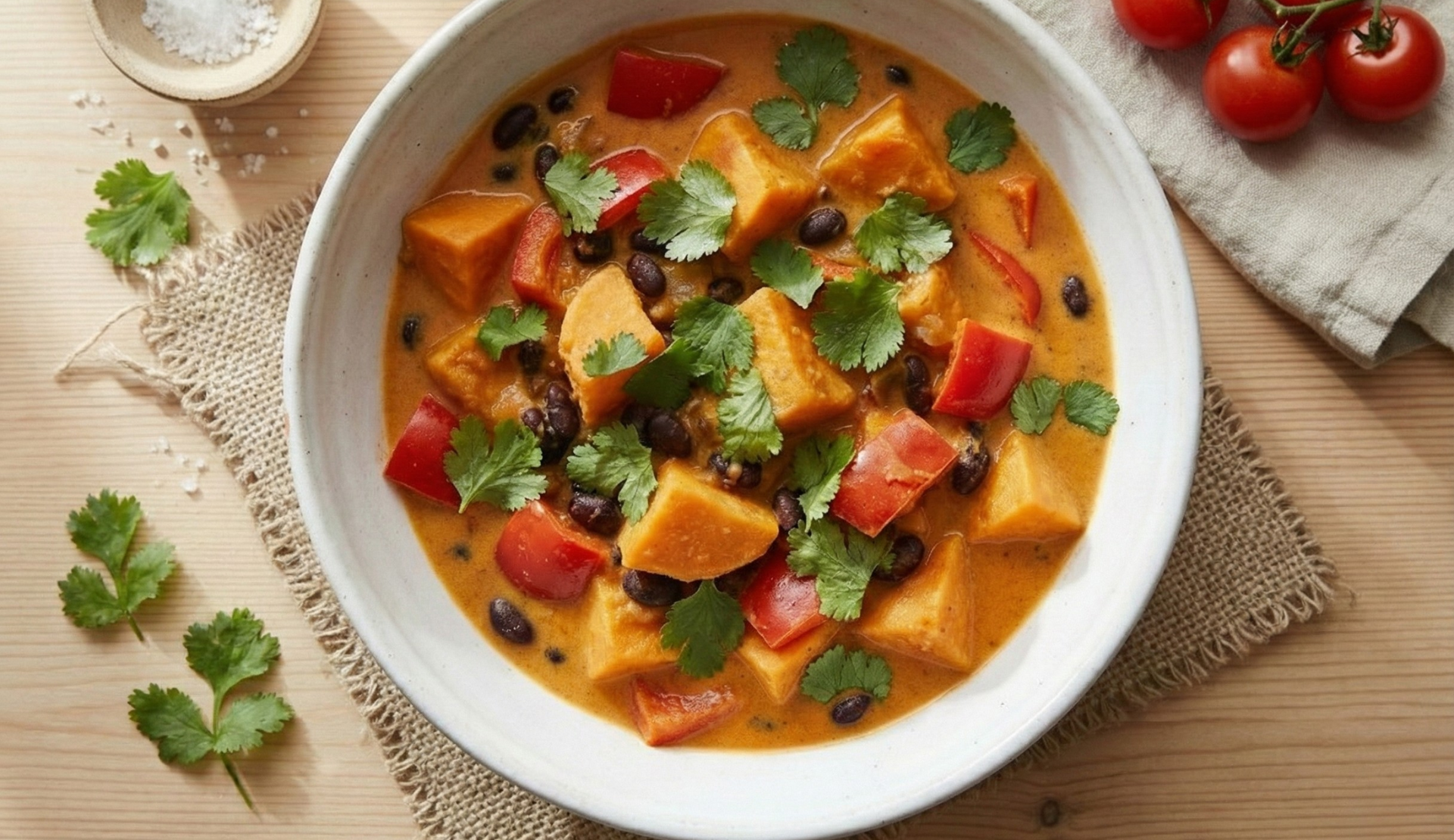 Süßkartoffel-Eintopf mit Kokosmilch und schwarzen Bohnen in weißer Schüssel, garniert mit frischem Koriander