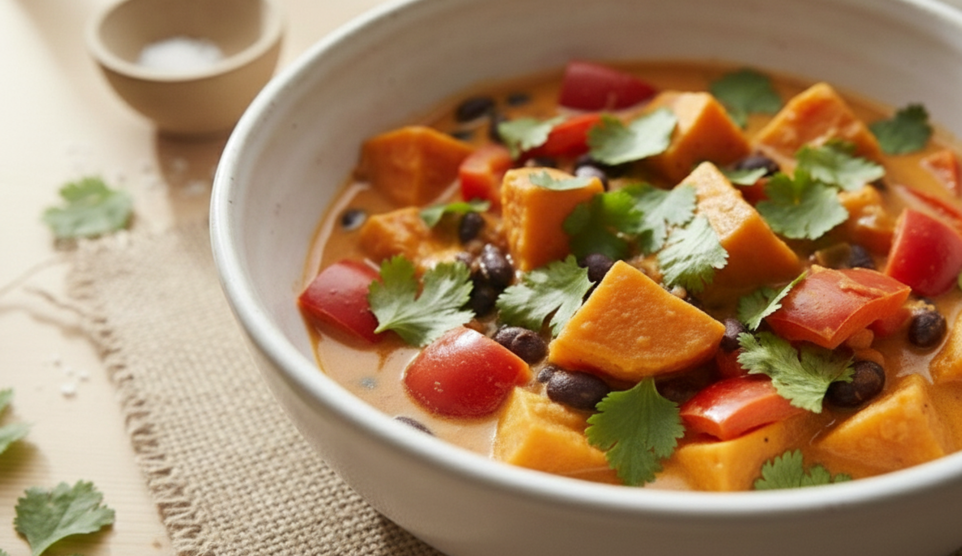 Nahaufnahme von Süßkartoffel-Eintopf mit Kokosmilch in weißer Schüssel, garniert mit Koriander