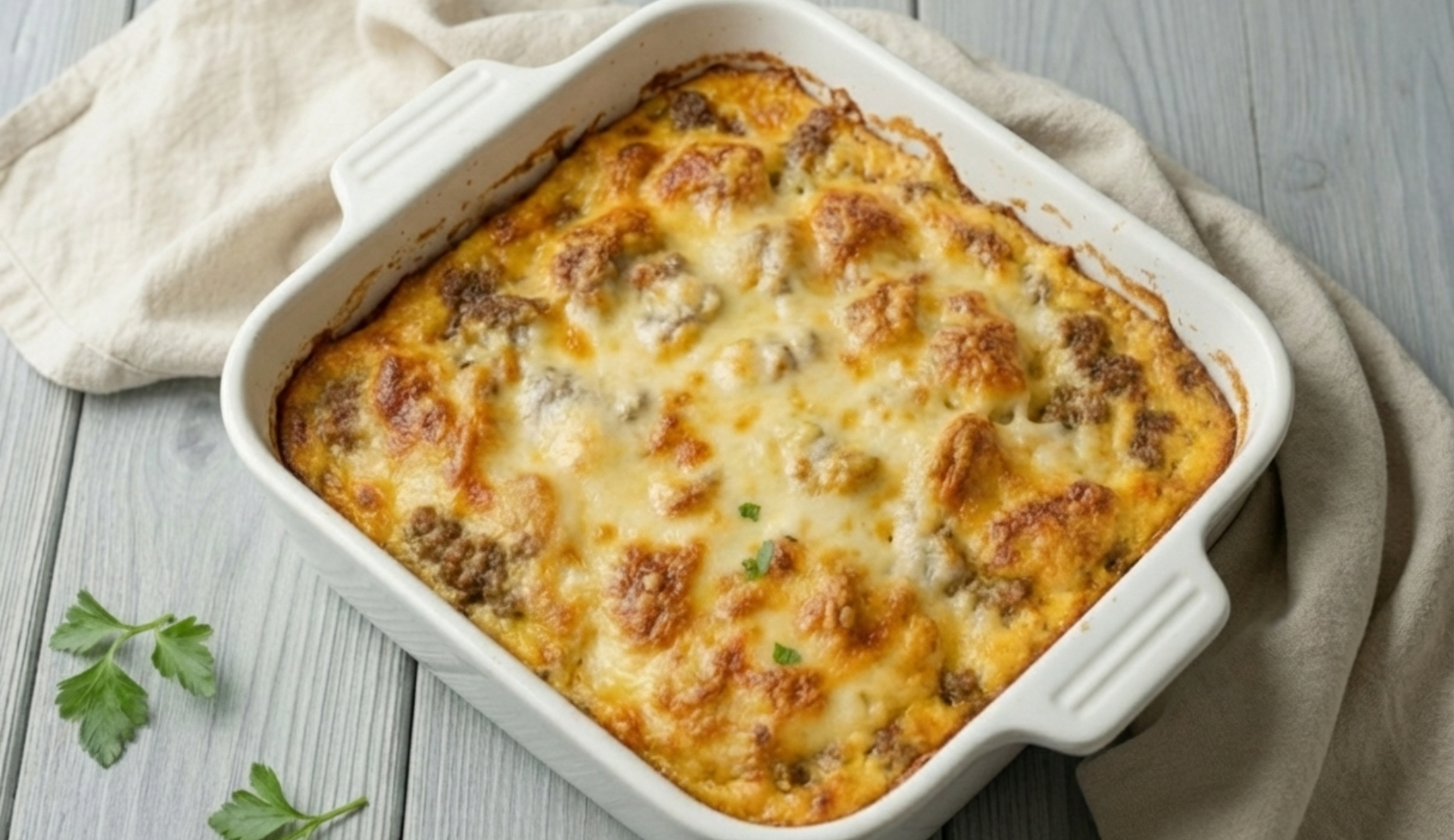 Überbackener Blumenkohl Hackfleischauflauf mit goldbrauner Käsekruste in weißer Keramikfor