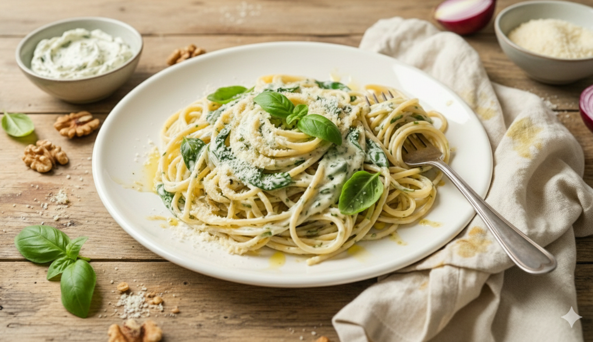 Vegetarische Spaghetti mit cremiger Kräutersoße, frischem Basilikum und geriebenem Käse auf hellem Teller