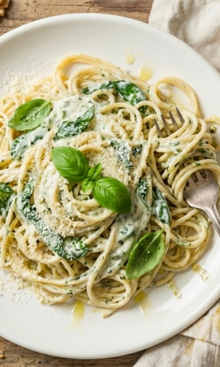 Vegetarische Spaghetti mit cremiger Kräutersoße, frischem Basilikum und geriebenem Käse auf weißem Teller