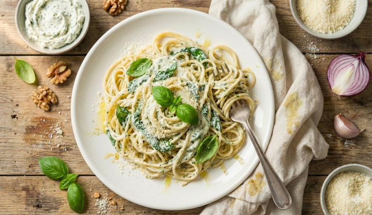 Vegetarische Spaghetti mit cremiger Kräutersoße, frischem Basilikum und geriebenem Käse auf weißem Teller