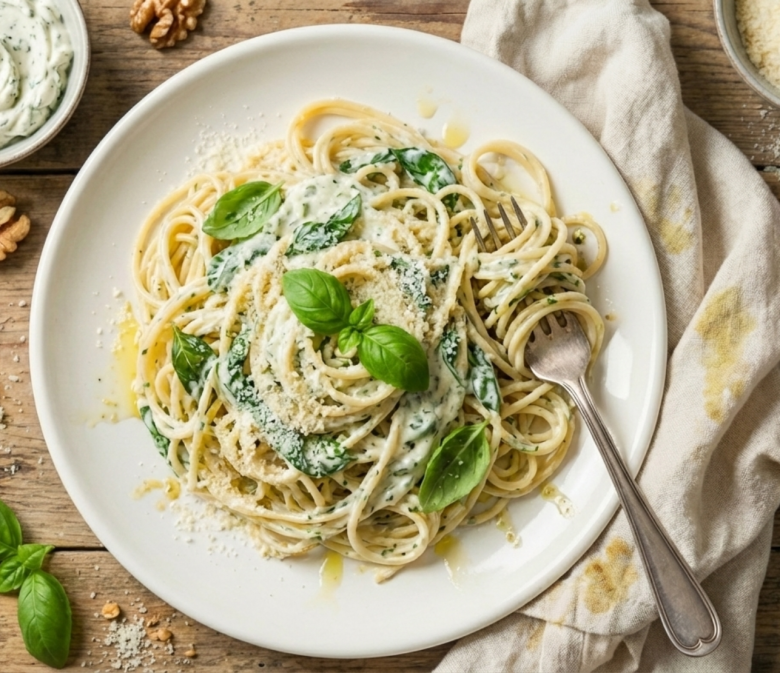 Vegetarische Spaghetti mit cremiger Kräutersoße, frischem Basilikum und geriebenem Käse auf weißem Teller