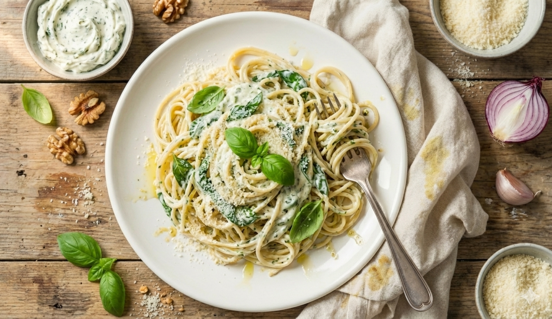 Vegetarische Spaghetti mit cremiger Kräutersoße, frischem Basilikum und geriebenem Käse auf weißem Teller