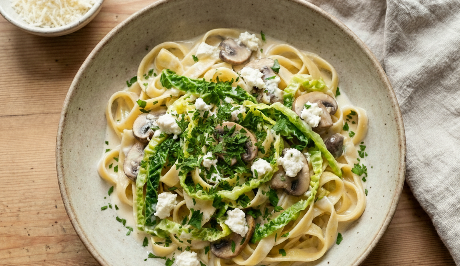 Wirsing-Rezept mit Fettuccine, Pilzen und Feta von oben fotografiert mit Petersilie garniert