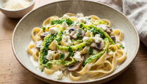 Wirsing-Rezept mit cremigen Fettuccine, Pilzen und Hirtenkäse auf einem Teller