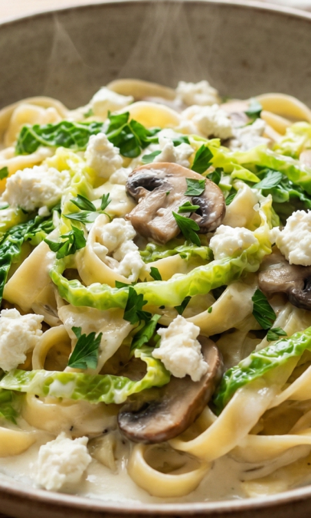 Wirsing-Rezept mit cremigen Fettuccine, Pilzen und Hirtenkäse auf einem Teller