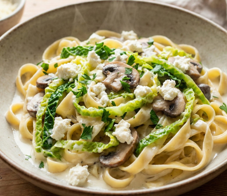 Wirsing-Rezept mit cremigen Fettuccine, Pilzen und Hirtenkäse auf einem Teller